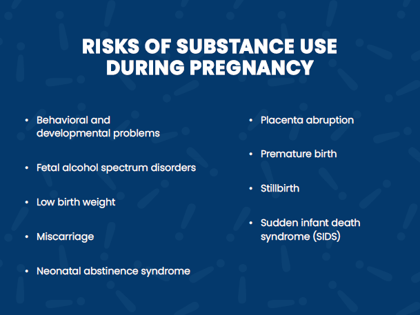 RISKS OF SUBSTANCE USE DURING PREGNANCY
• Behavioral and developmental problems
• Fetal alcohol spectrum disorders
• Low birth weight
• Miscarriage
• Neonatal abstinence syndrome
• Placenta abruption
• Premature birth
• Stillbirth
• Sudden Infant Death Syndrome (SIDS) 